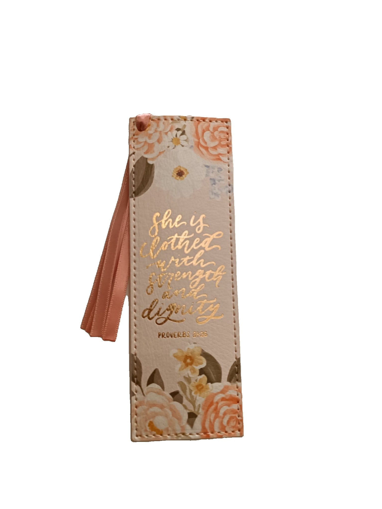 She Is Clothed with Strength and Dignity Pink Faux Leather Bookmark